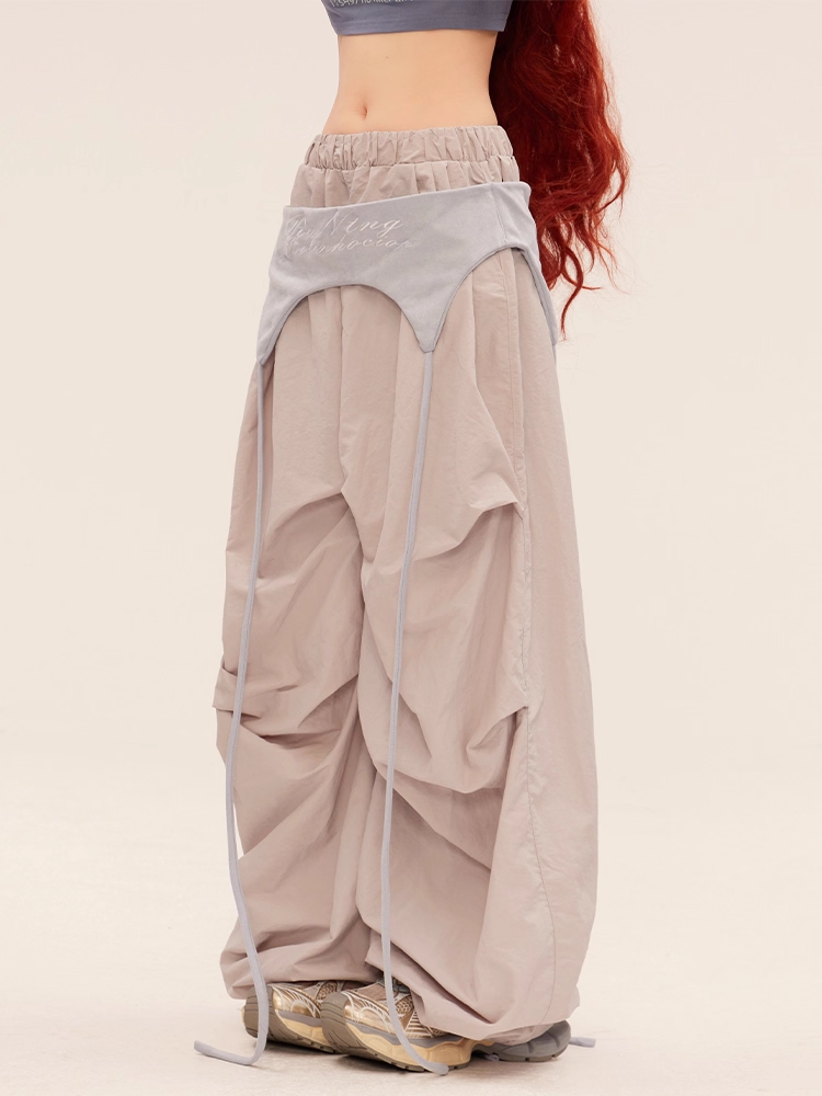 Gray Vintage Wide-leg Casual Pants with Waist Accessory