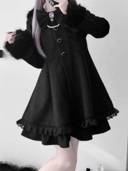 Jirai Kei Black A-Line Coat with Detachable Bunny Hood | Plush Ears & Cuffs | Wool Blend