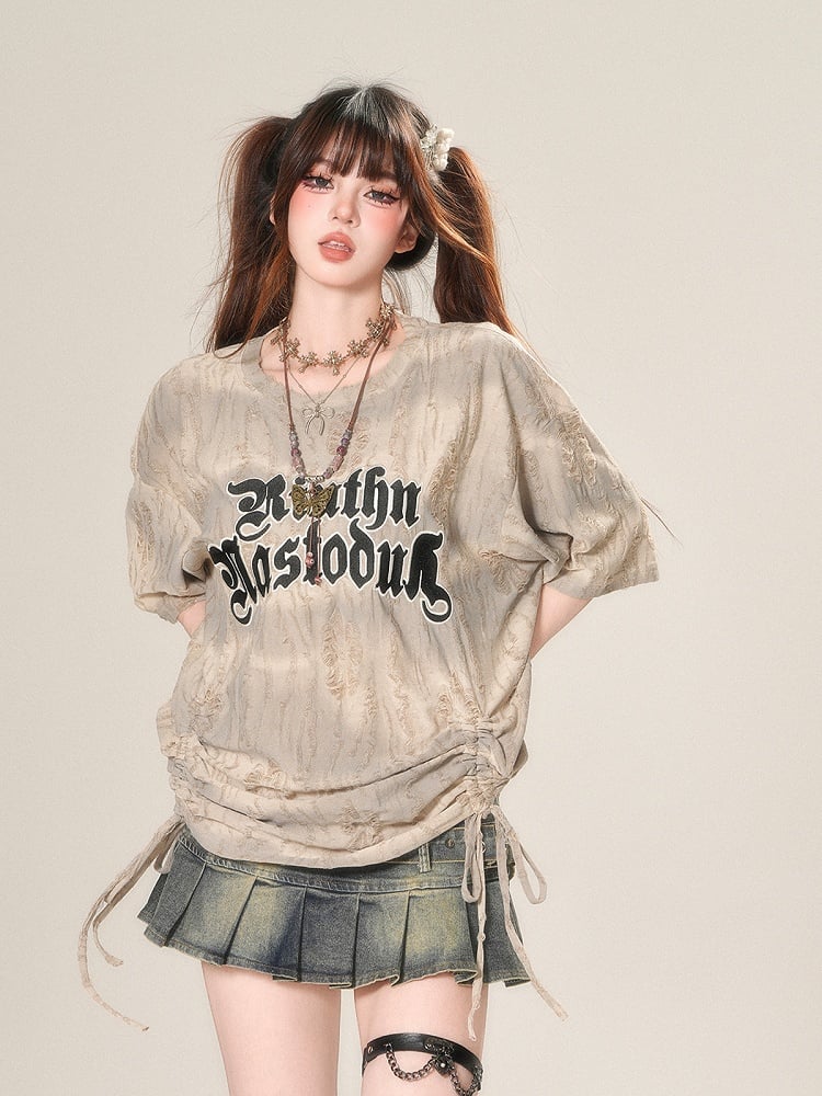 Apricot Letter Print Drawstring Waist Distressed Holes Loose T-Shirt
