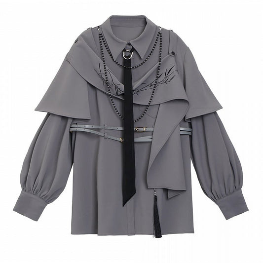 Gray Cheongsam Style Shirt with Detachable Bamboo Embroidered Shoulder Cape and Buckle Belt