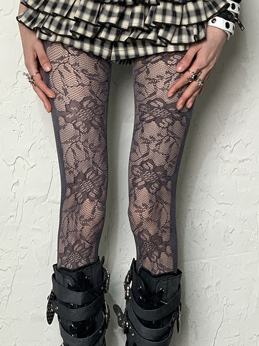 Dark Purple Floral Pattern Lace Tights