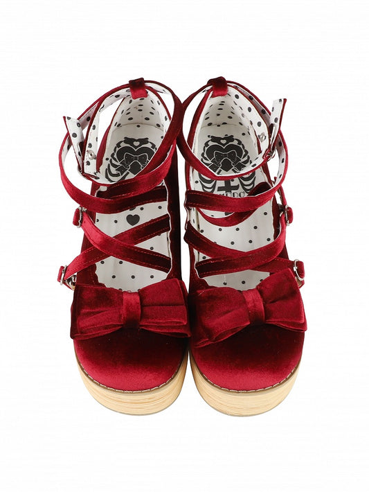 Velvet Wine Red Sweet Lolita Platform Mary Janes - Bow Accents & Crisscross Straps