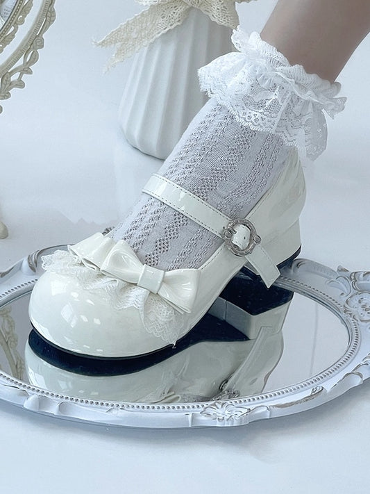 PU White Sweet Lolita Mary Janes - Round Toe Low-heel with Lace Trim & Bow Accents