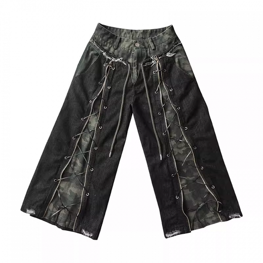 Camouflage Lace-up Front Punk Rock Distressed Straight-leg Jeans