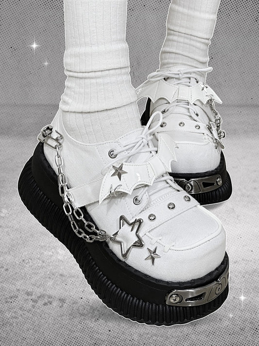 Star-shaped Studs and Chains Gothic White Bat Wings Platforms Punk Shoes
