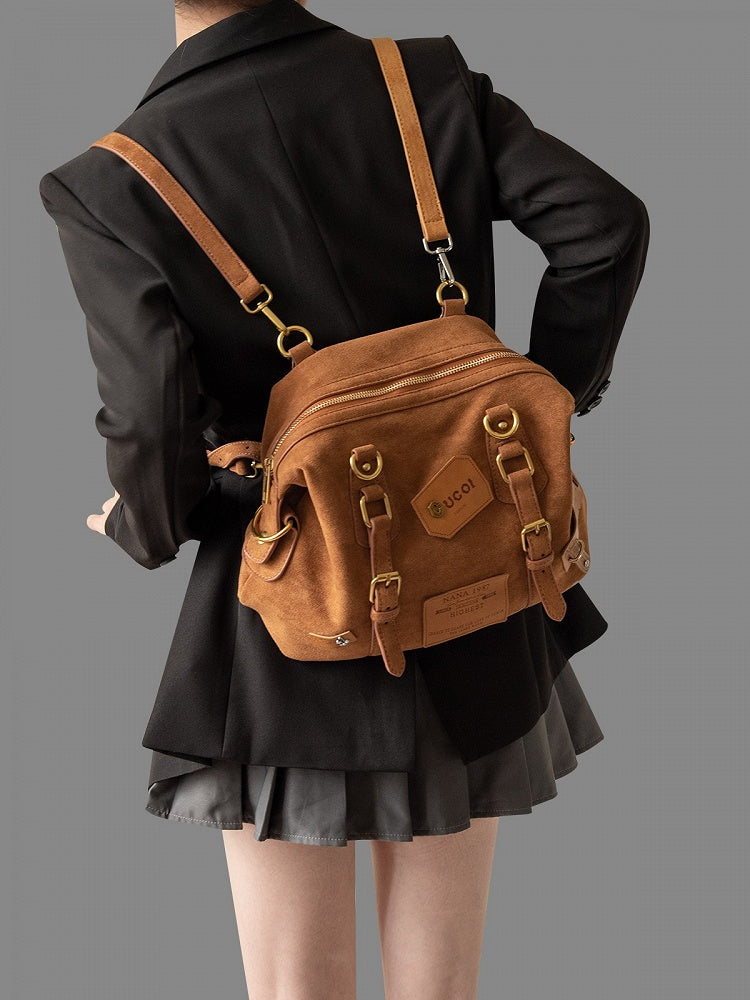 Vintage Brown 2-Way Backpack With Belt Accents
