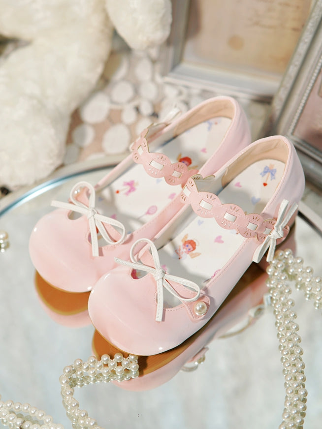 Pink Beaded Decorated Knotted Bow at Top Round Toe Lolita Shoes