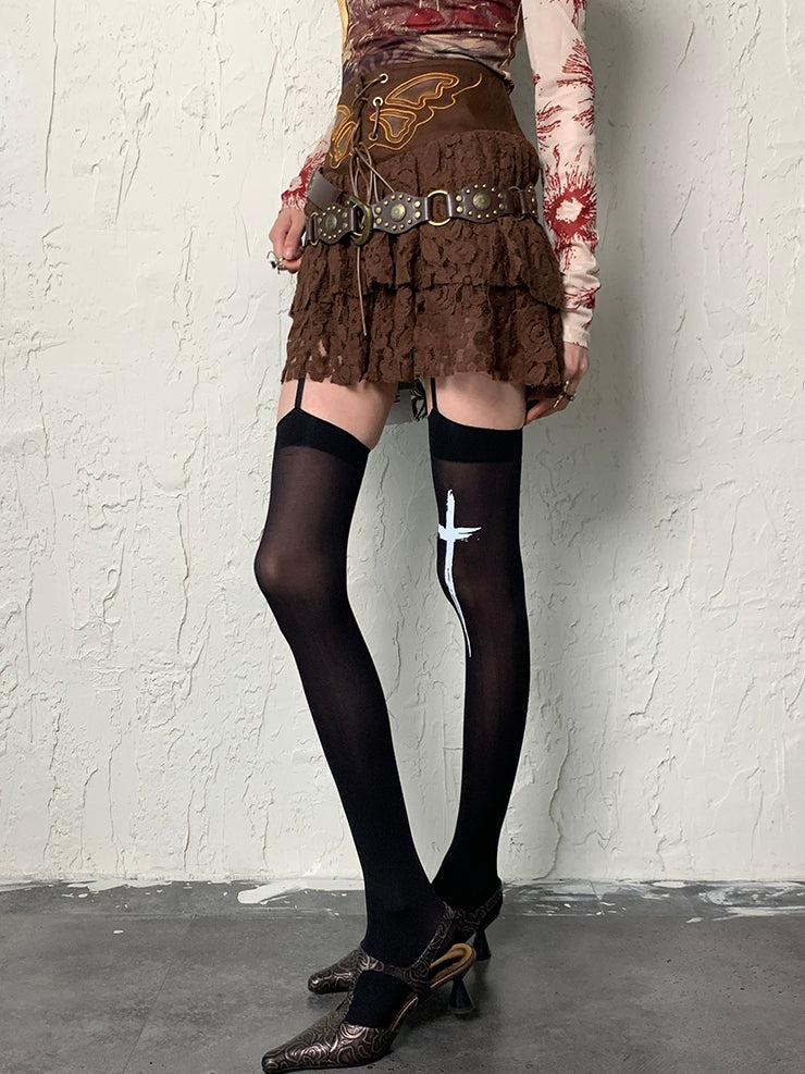 Black Y2K Cross Print Suspender Stockings