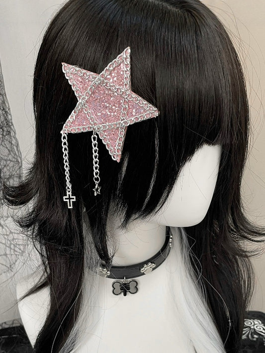 Black/Pink Cross Charm Rhinestone Star Hairclip