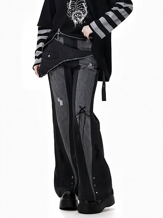 Black Distressed Holes Asymmetrical Waistline Flared Jeans