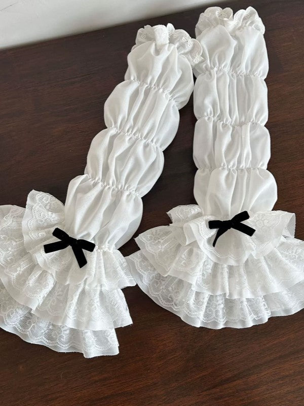White Lolita Hollow-out Lace Tiered Cuffs Sleeves With Gray/Pink/Black Bowknot Details