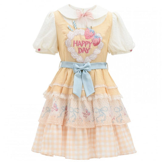 Strawberry Cake Embroidery Big Bow Creamy Yellow Tiered Skirt Sweet Lolita Dress