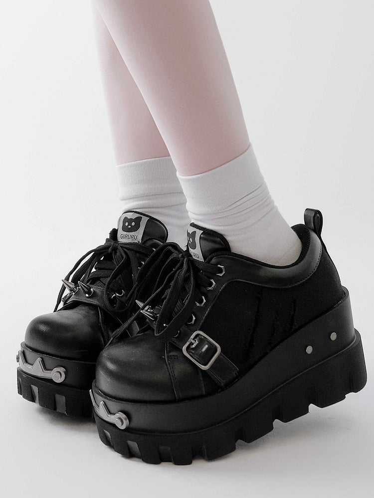 Black Punk Studs Details Buckle Strap Front Lace-up Ties Platforms