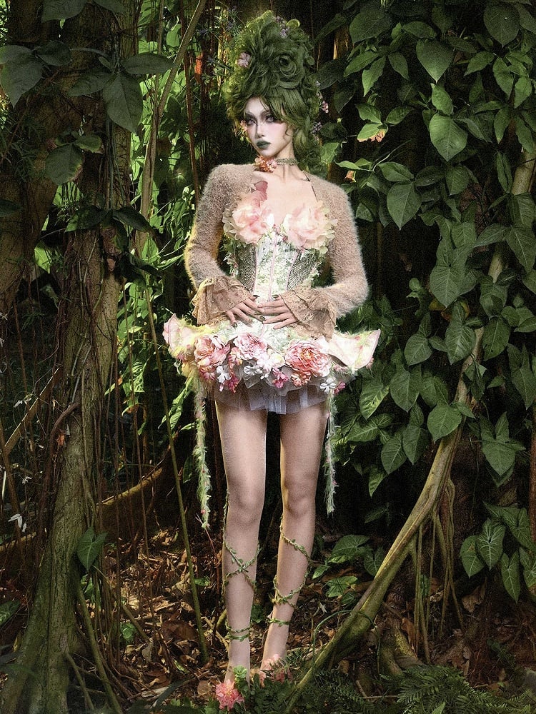 Camel Lace Flounce Cuffs Spring Long Sleeves Cropped Top