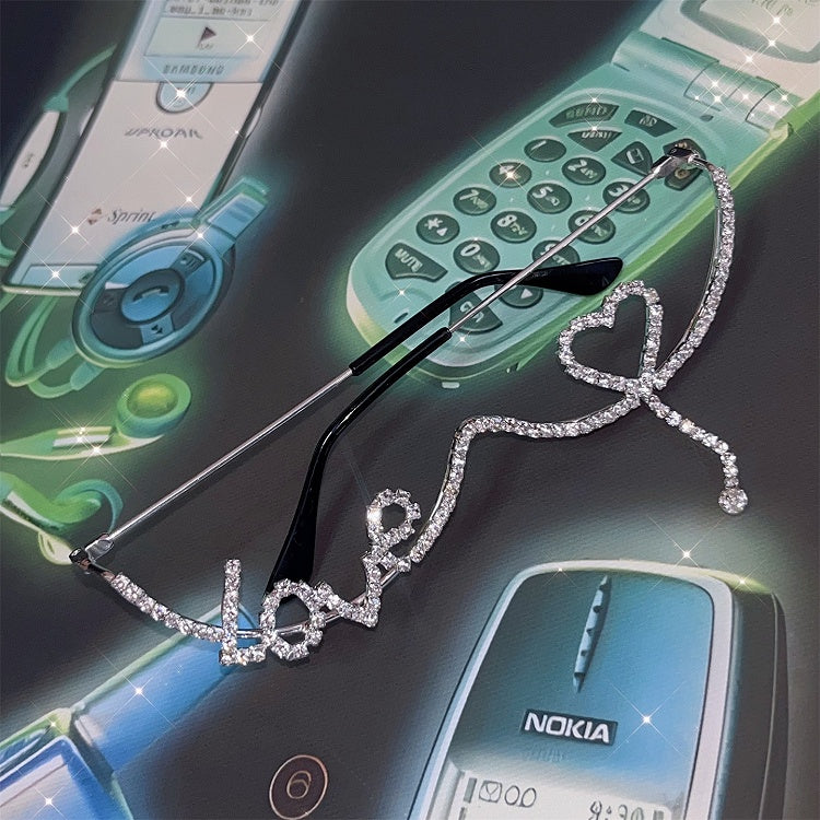 Silver Punk Rhinestone Letter And Heart Dcorated Eyeglasses Frame