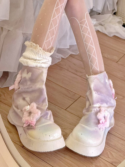 Pink Plush Star Graffiti Platform Ankle Boots