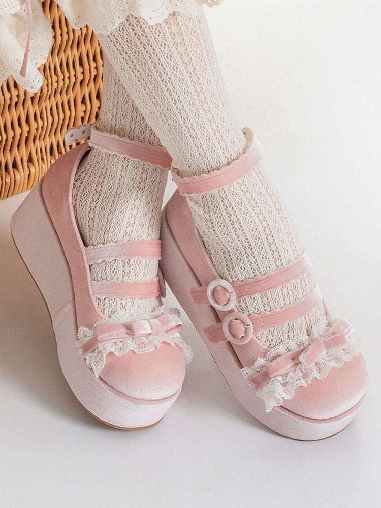 Lace Trim Bowknot at Top Velvet Pink Buckle Straps Platforms