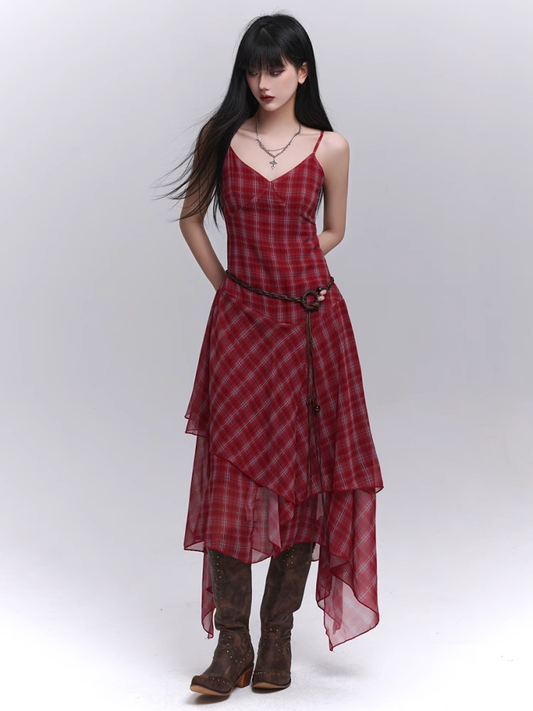 Red Plaid V-Neck Handkerchief Hem Cami Dress
