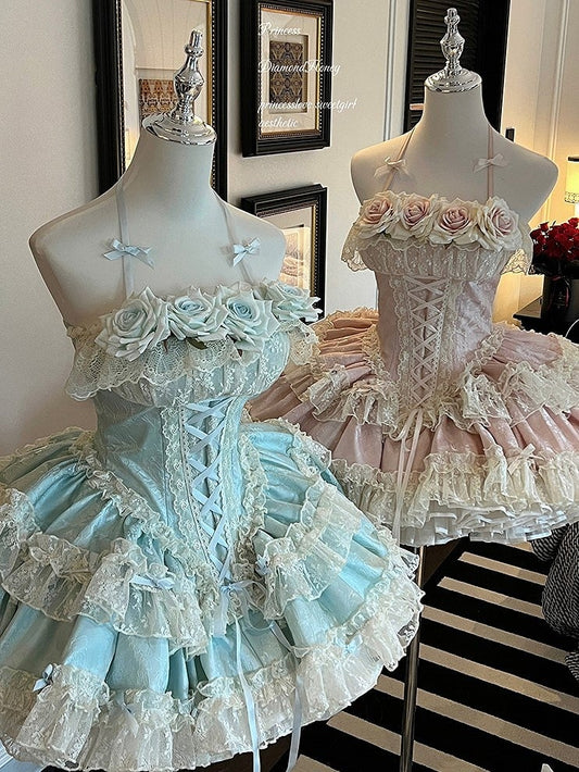 Blue Rose-Embellished Basque Waist Balletcore Dress with Ruffled Layers
