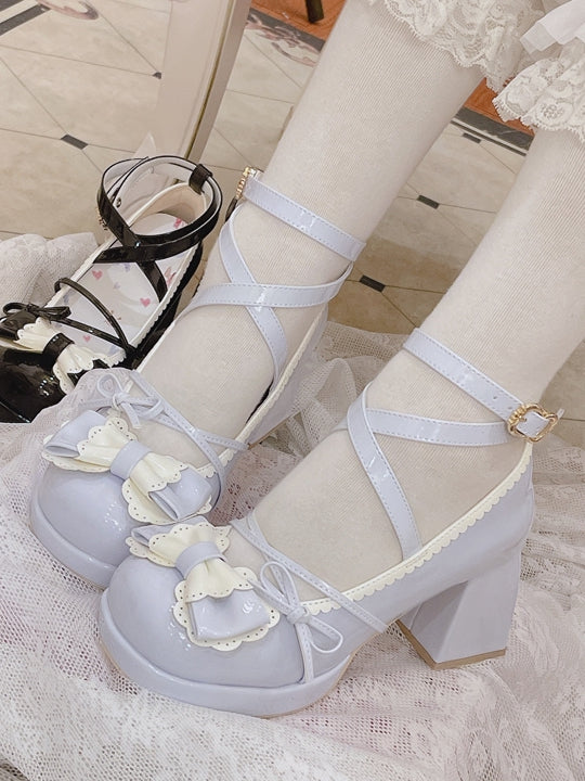 Bow Accents Crisscross Ankle Strap Light Blue Round Toe Sweet Mary Janes