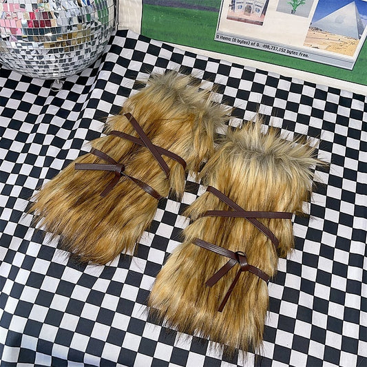 2 Options Yellow&Black Self-tie Strap Shaggy Plush Arm/Leg Warmers