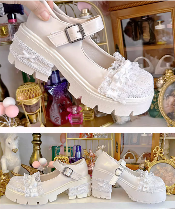 Lace Details Bow Accents Beige Platform Mary Janes