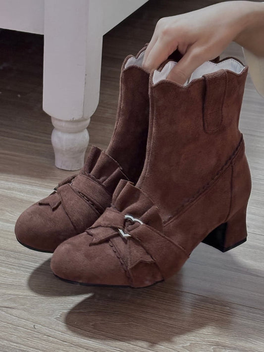 Brown Knotted Bow Accent Zip Closure at Sides Ankle Boots