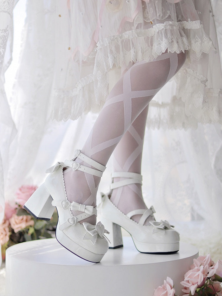 Beige Sweetheart and Bow Accents Sweet Lolita Platform High Block Heels