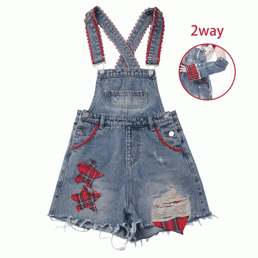 Blue Distressed Holes Raw Hem Plaid Star Appliques Denim Overall Shorts with Free Armwears