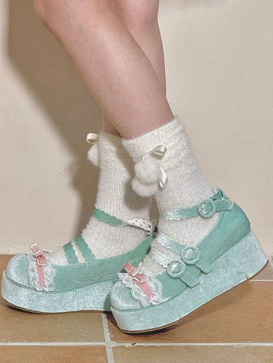 Lace Trim Bowknot at Top Velvet Pink&Green Buckle Straps Platforms