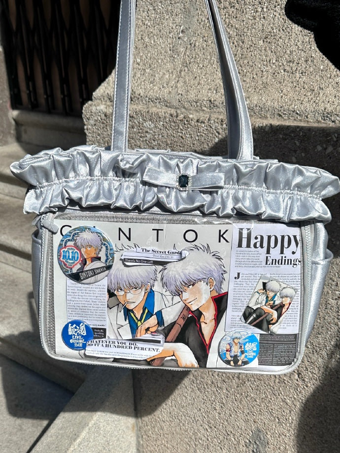 Silver Ruffle Trim Rhinestone Bowknot Large Volume Ita Tote Bag