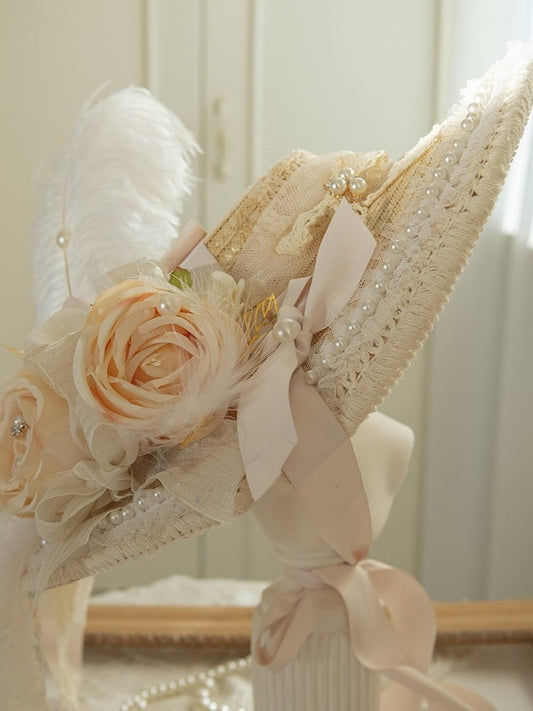 Beige Feather And Beaded Decorated Floral Design Straw Hat