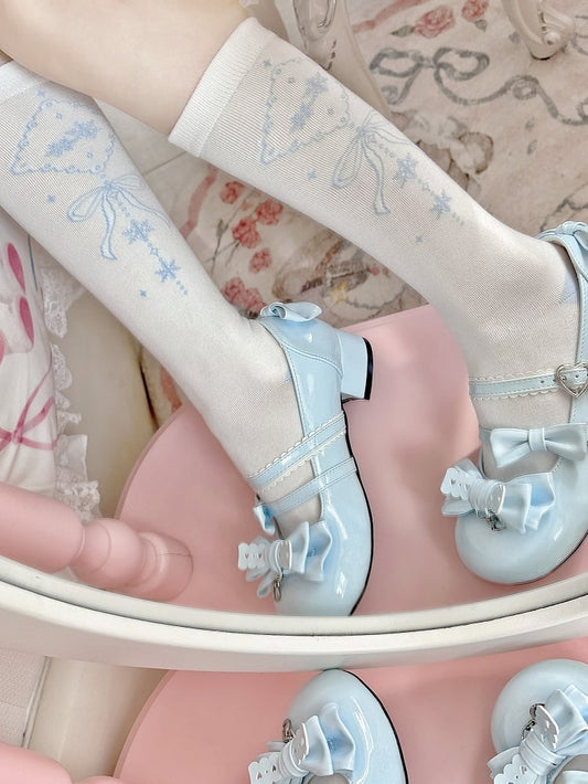 Blue White Snowflakes Pattern Bowknot Print Lolita Calf Socks