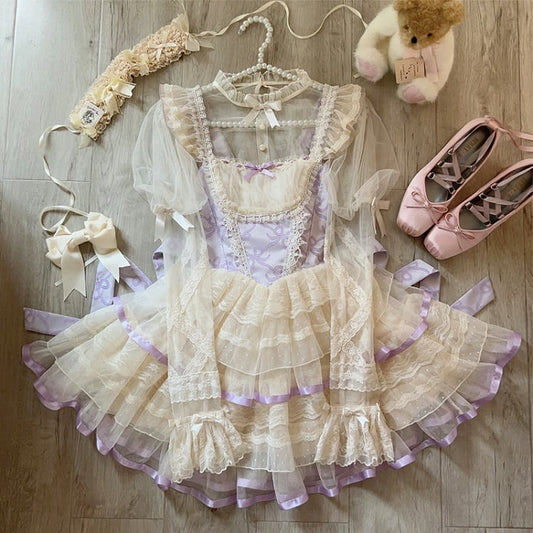 Purple Bows Print Basque Waist Balletcore Lolita Jumper Skirt