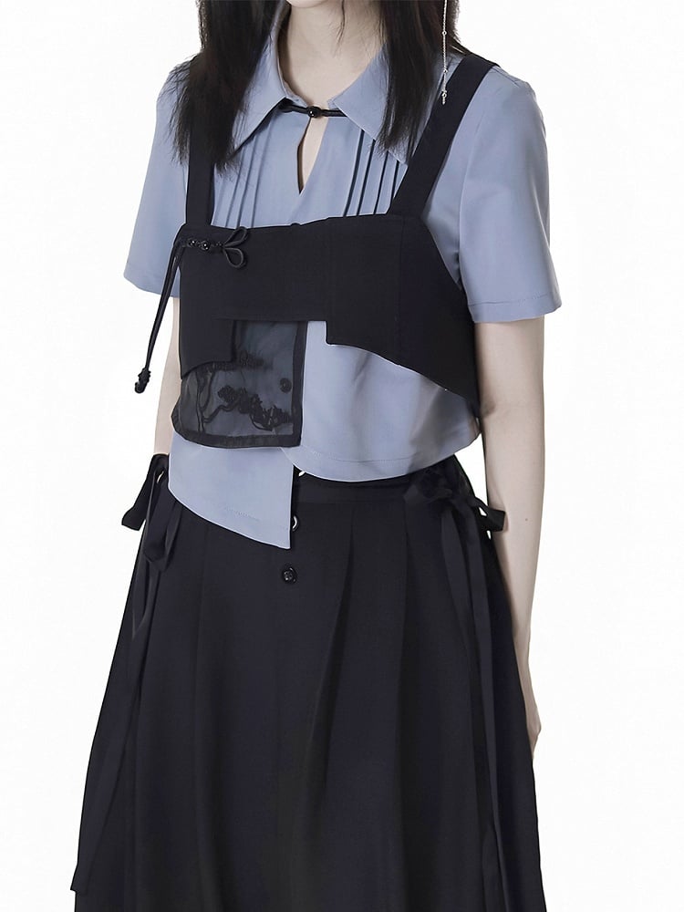Blue Asymmetrical Hem Pleating Details Short Sleeves Cropped Shirt