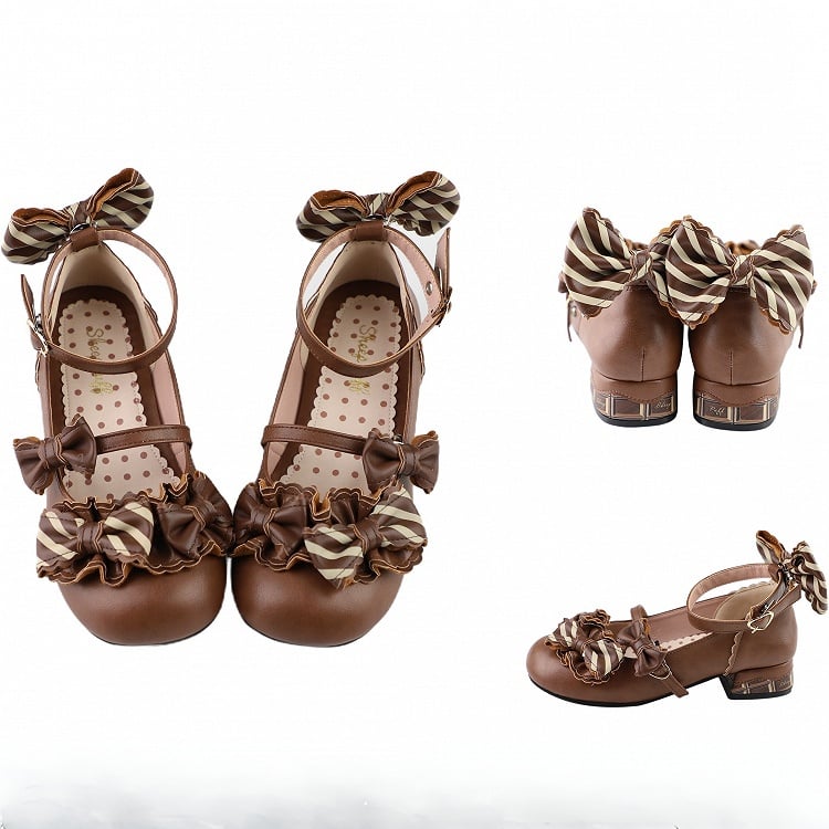Light Brown Striped Pattern Bowknot Details Heart Buckle Lolita Shoes