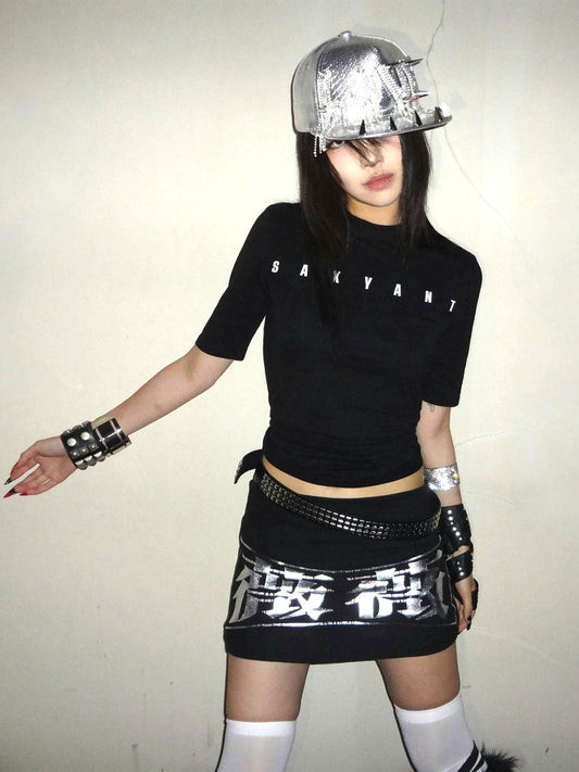 Black Slim-fitting T-Shirt with Letter Print