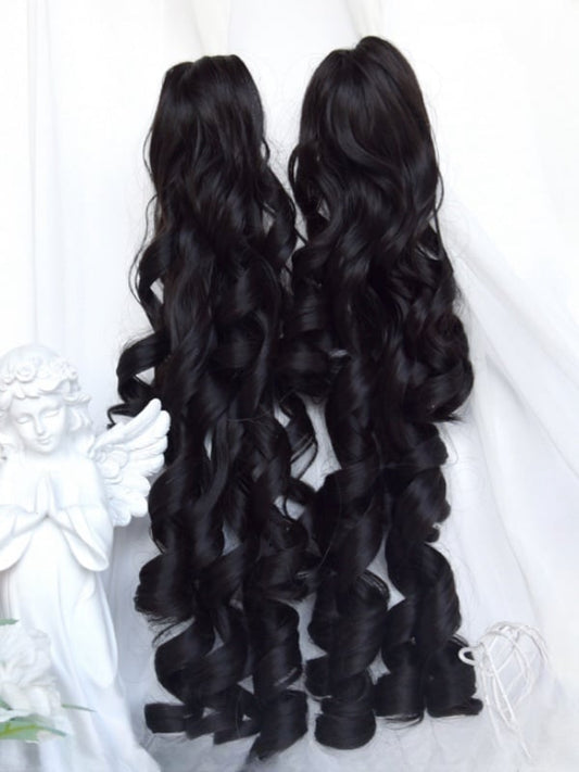 Clearance-Black Jirai Kei Short Bob Cut Wig With Bangs+Double Ponytail Claw Clips