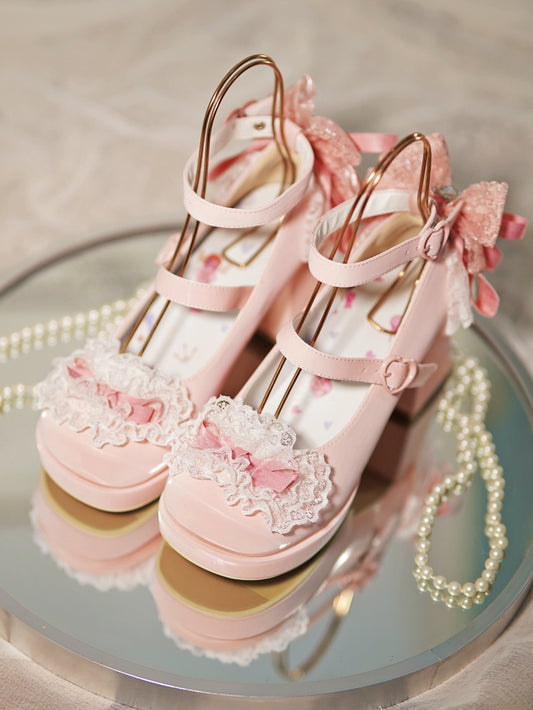Pink Knotted Bow at Top Lace Trim Heart Buckles High Block Heels