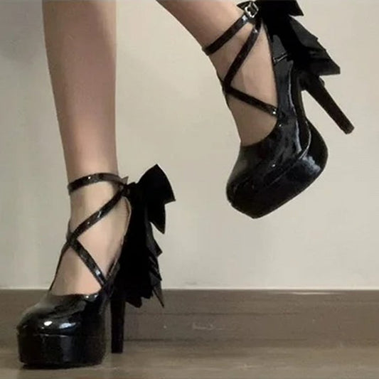 Polished Black Detachable Bow Hime Lolita Platform High Block Heels