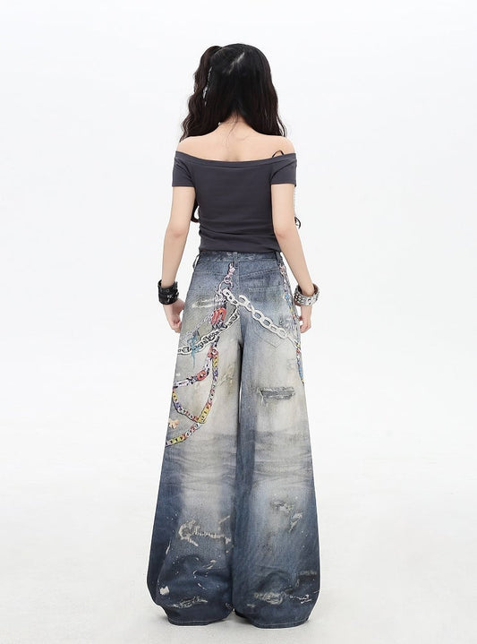 Chains Print Splash Ink Details Blue Low Rise Distressed Wide-leg Jeans