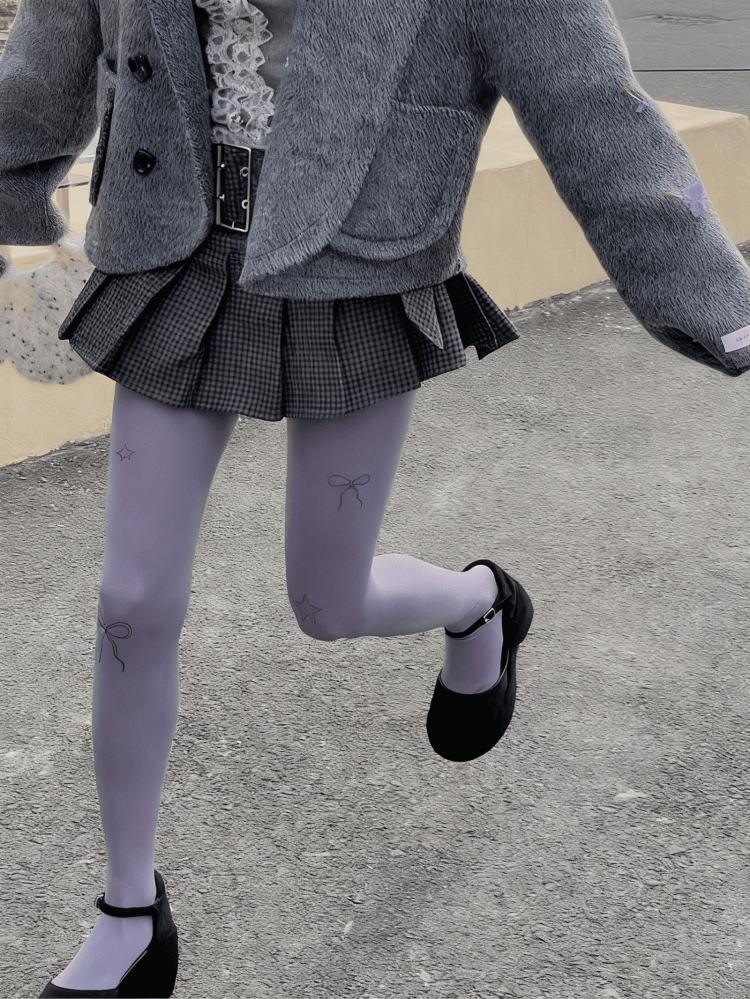 Creamy White/Light Gray/Purple Bowknot and Star Print Pantyhose