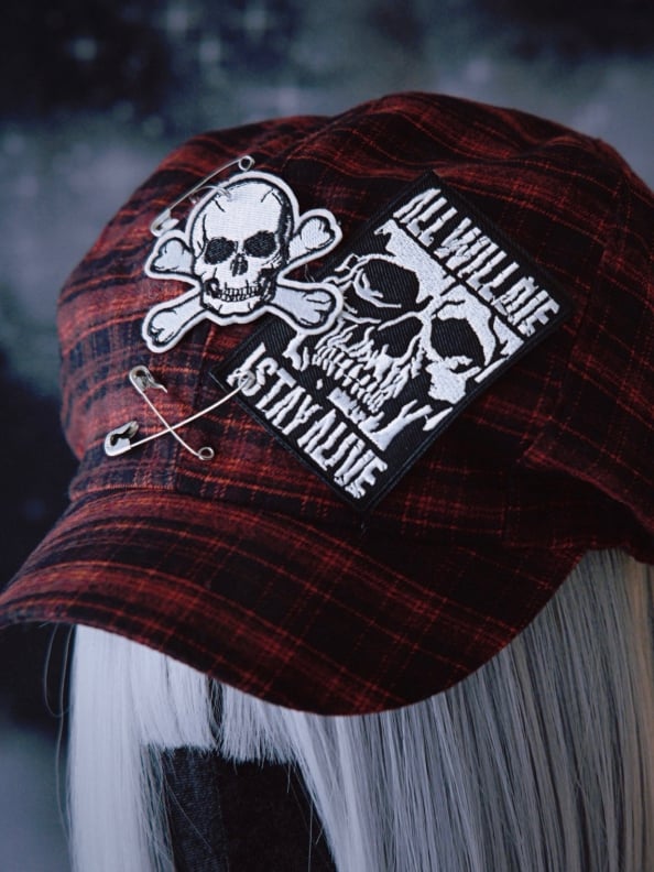 Red And Black Plaid Pattern With Skull Applique Beret