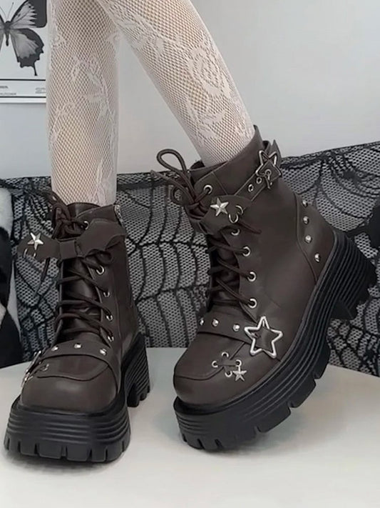 Brown Star Buckle Straps Bat Wings Y2K Platform Ankle Boots
