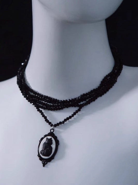 Handmade Vintage Black Cat Pendant Gothic Multi Layers Necklace