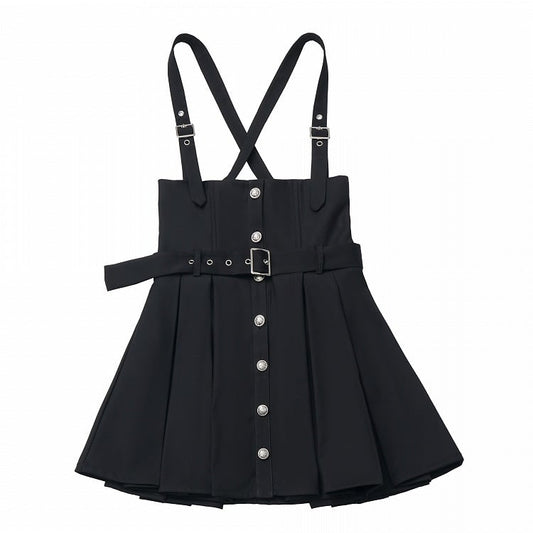 Black/Gray Adjustable Strap Box Pleat Overall Skirt with Belt