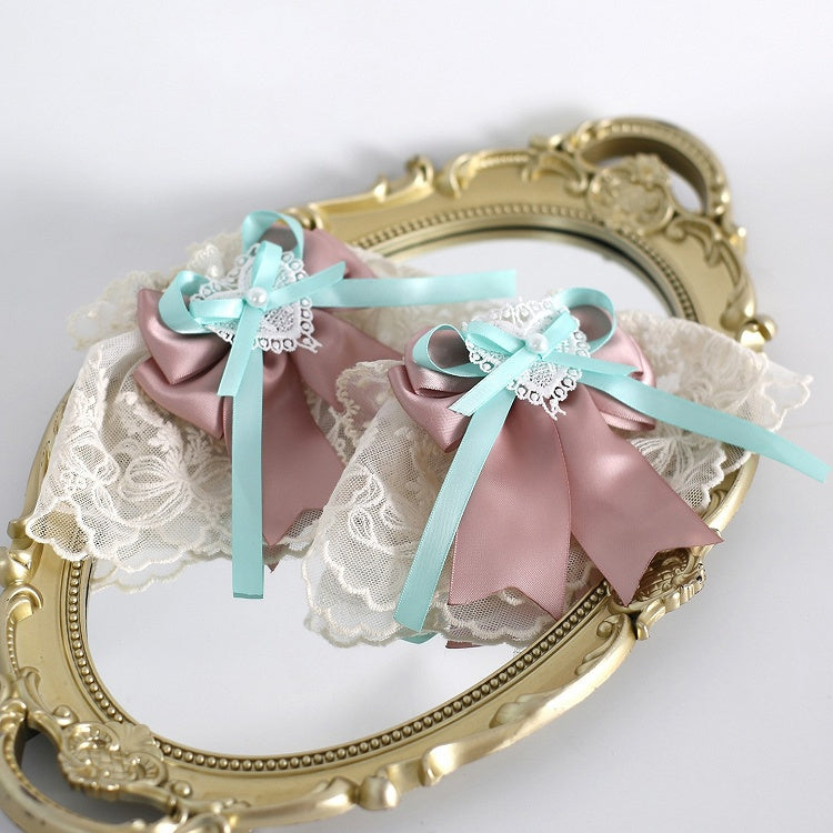 White Lace Wrist Cuffs with Pink & Mint Bows
