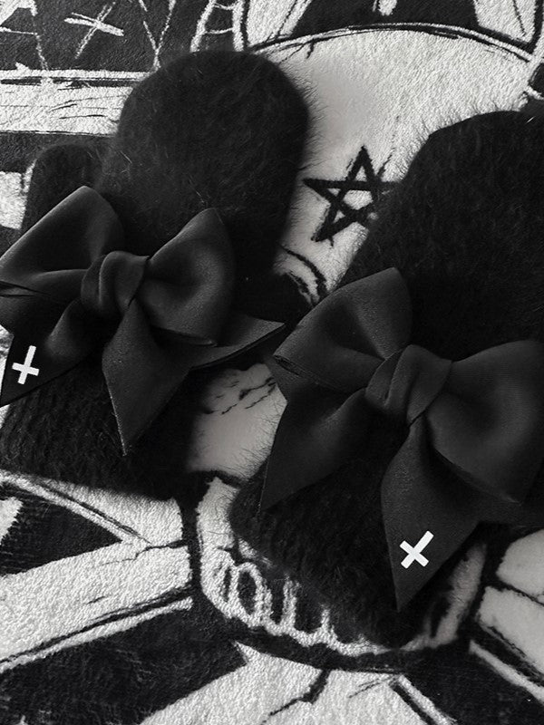 Black Gothic Bowknot Details Full-finger Gloves With White Cross Print
