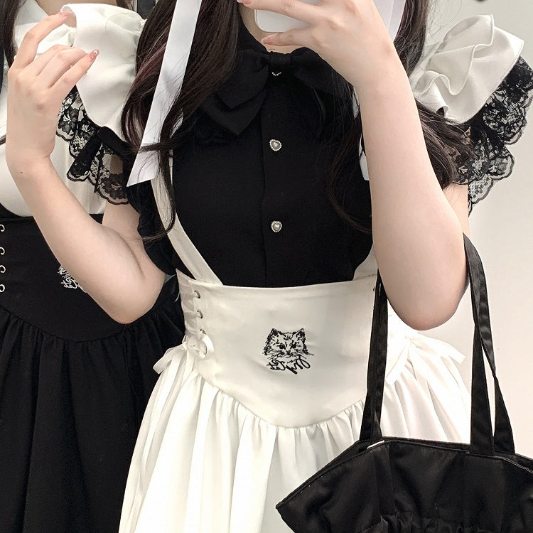 Clearance-Free Size for Bust 104CM Black Lace Trim Jirai Kei Flutter Sleeves Blouse with Back Wings