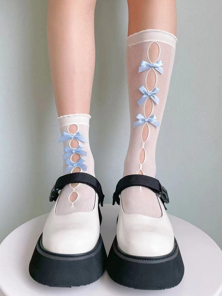 White and Blue Bowknots Cutout Lolita Socks